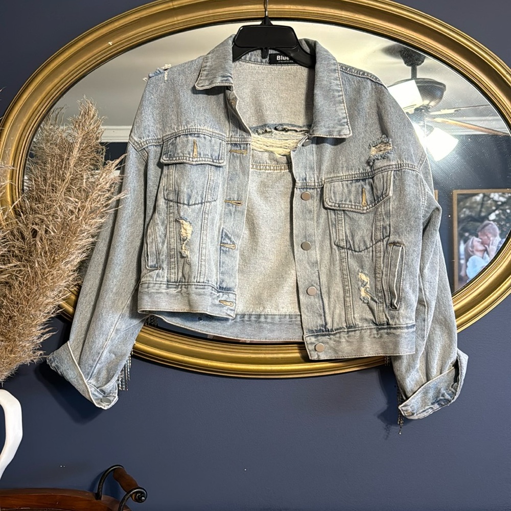 Distressed Rhinestone Jean Jacket